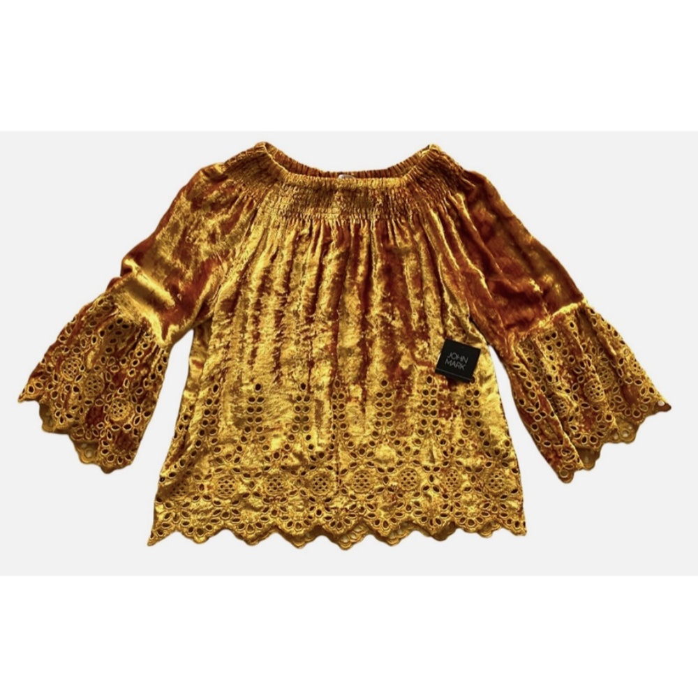 John Mark Nwt Smocked Velvet Eyelet Off Shoulder Long Marigold Top Blouse M